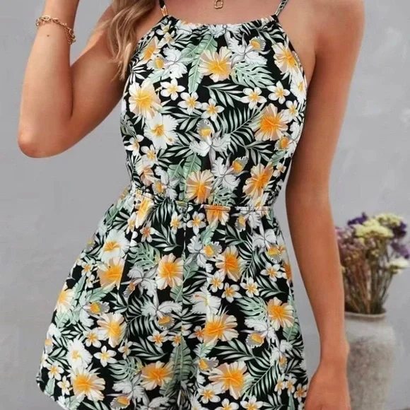 Floral Print Cami Romper Jumpsuit, Casual‎ Sleeveless Romper ,XXL - Picture 2 of 6